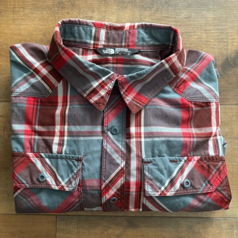 North Face Red Blue Plaid Snap Button Up Long Sleeve Casual Shirt‎ Men's Size Lg
